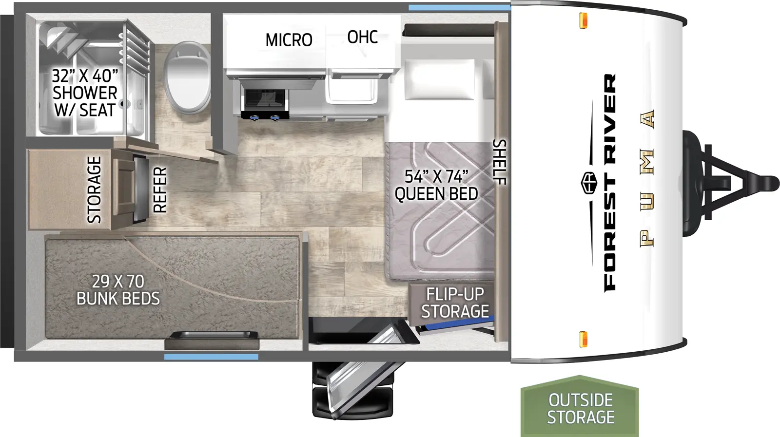 The Puma Camping Edition 122BHCE floorplan has one entry and zero slide outs. Exterior features include: metal exterior and 9' awning. Interiors features include: bunk beds and front bedroom.